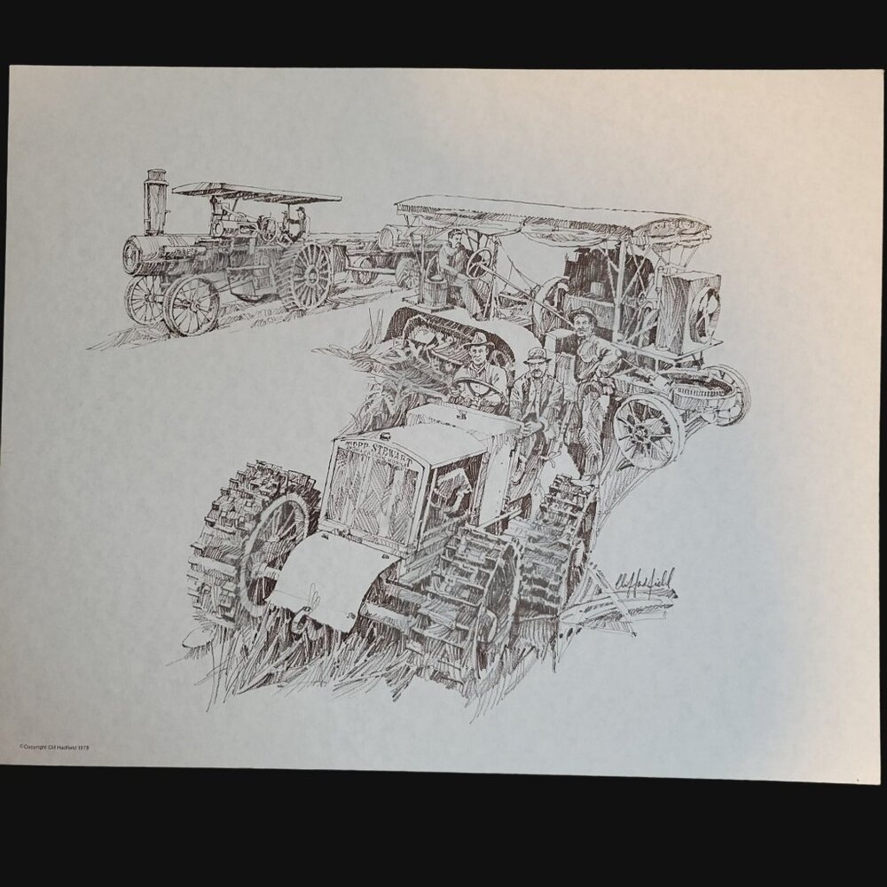 Vintage Early 1900s Logging Steam Tractors Sketch Print Clif Hadfield 1978